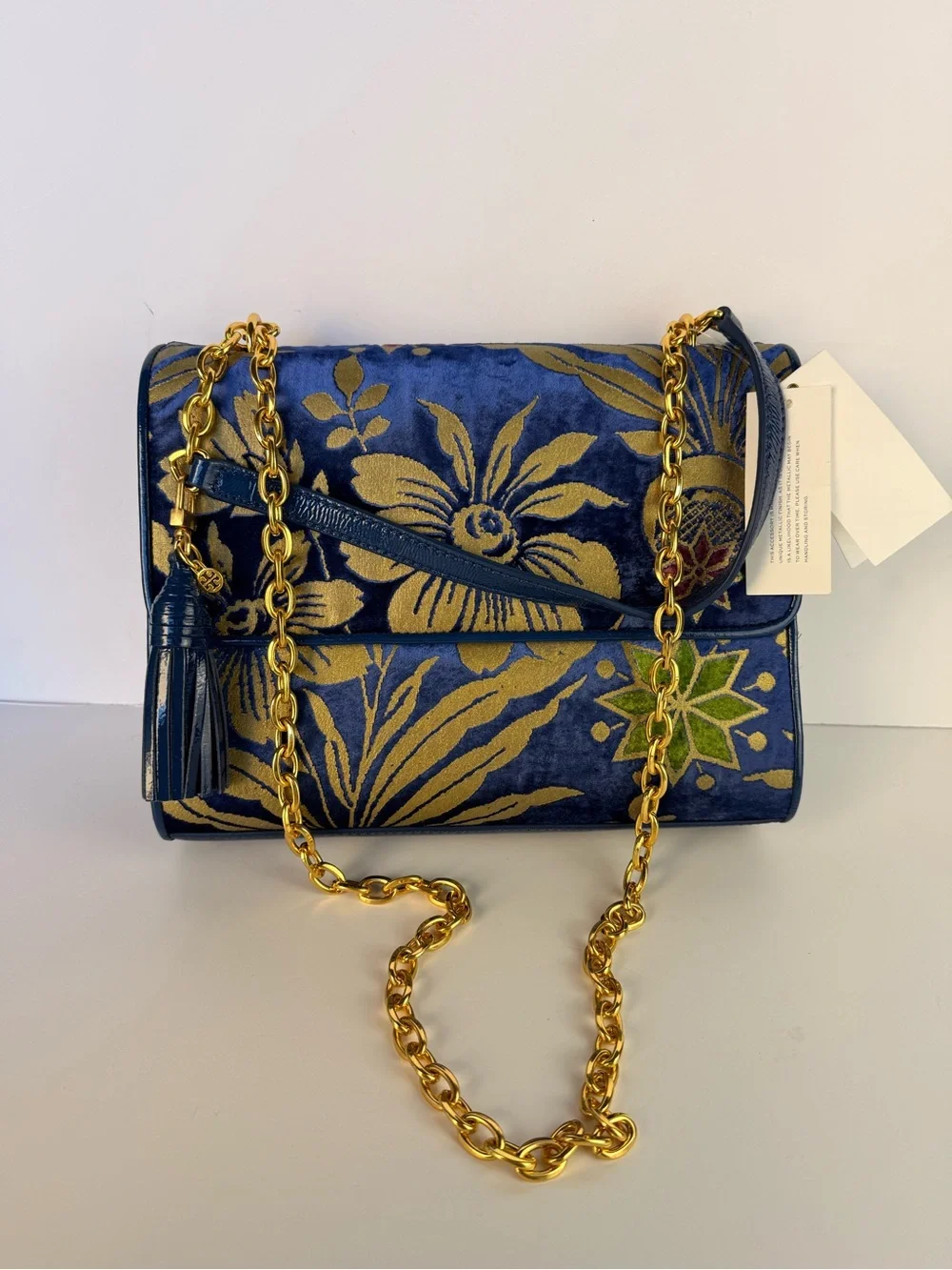 Tory Burch Cosmic Floral Velvet Shoulder Bag Blue Gold Chain $558